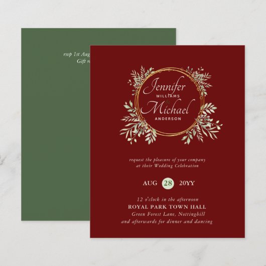 CHEAPEST Wedding Invitation Green Wreath BUDGET (Vorne/Hinten)