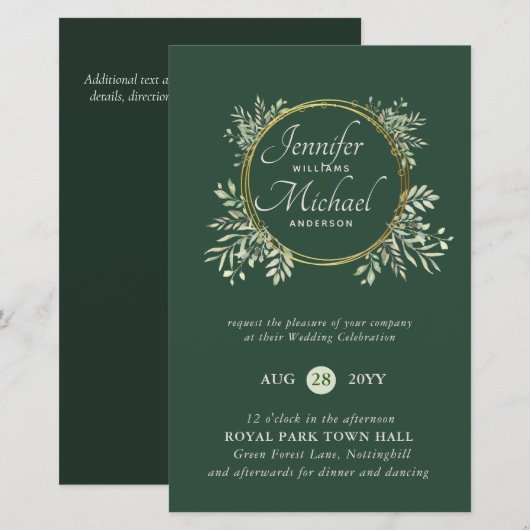 CHEAPEST Wedding Invitation Green Wreath BUDGET (Vorne/Hinten)