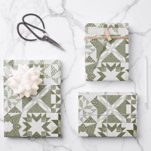 Cheater Traditionelle Patchwork Stars Quilt Green Geschenkpapier Set (Vorderseite)