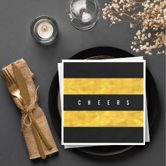 Chec Chic Gold Foil Black Stripes Holiday Party Serviette