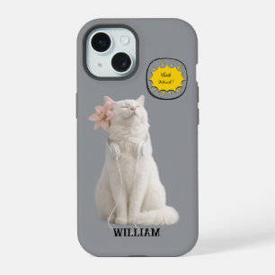 CHECK MEO Weiße Katze mit Kopfhörern – Personalisi iPhone 15 Hülle