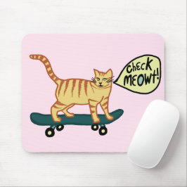 CHECK MEOWT Skateboarding Tabby Cat Pink Mousepad