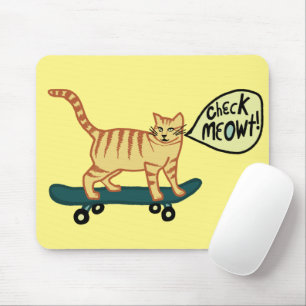 CHECK MEOWT Skateboarding Tabby Cat Yellow Mousepad
