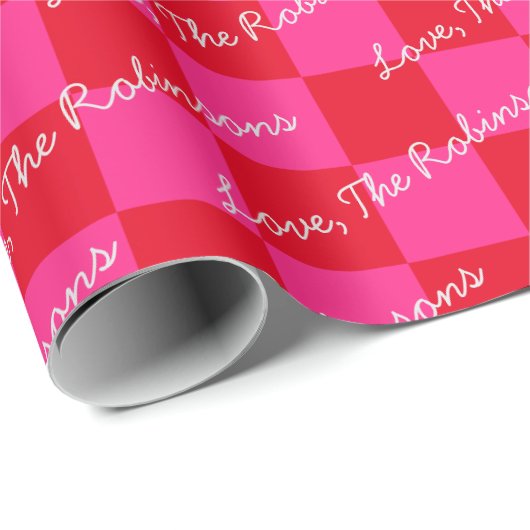 Checkeboard Schachbrett hinzufügen Rosa und Rot Geschenkpapier (Rolleneckpunkt)