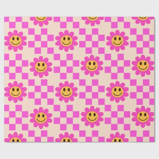 Checked Hot Pink Lächeln Blume mit Quadraten Geschenkpapier (Flach)