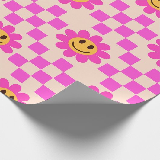 Checked Hot Pink Lächeln Blume mit Quadraten Geschenkpapier (Ecke)