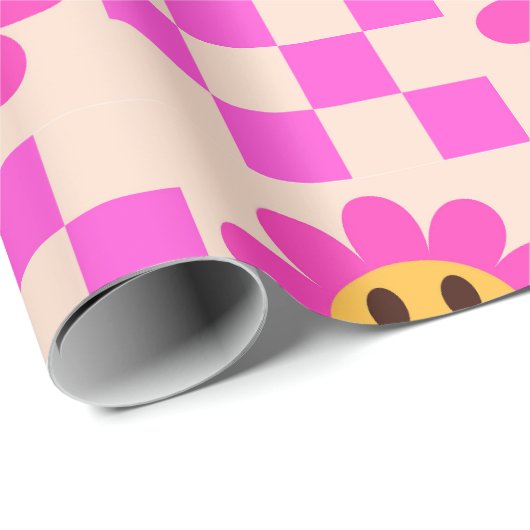 Checked Hot Pink Lächeln Blume mit Quadraten Geschenkpapier (Rolleneckpunkt)