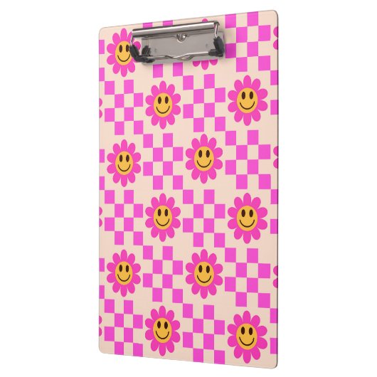 Checked Hot Pink Lächelnde Blume mit Quadraten Klemmbrett (Links)