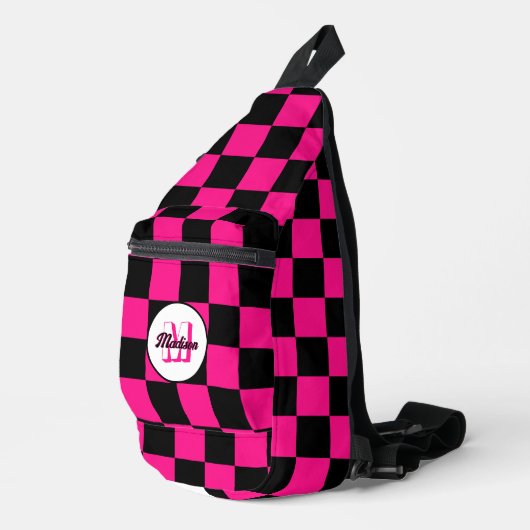 Checked Hot rosa Schwarzes geometrisches Retro Mon Crossbody Bag (Rechte Ecke)
