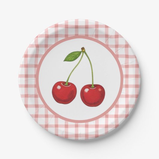 Checked Paper Plates with Cherries for Parties Pappteller (Vorderseite)