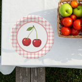 Checked Paper Plates with Cherries for Parties Pappteller
