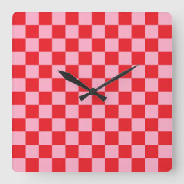 Checked Rosa und Rot Quadratische Wanduhr