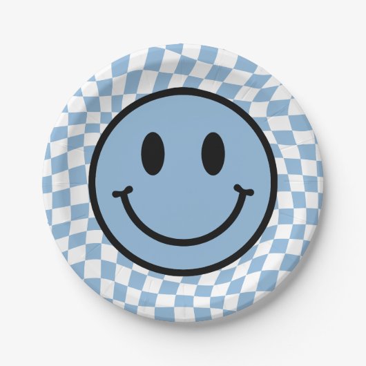 Checked Wavy Blue Preppy Smile Birthday Pappteller (Vorderseite)