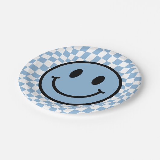 Checked Wavy Blue Preppy Smile Birthday Pappteller (Schrägansicht)
