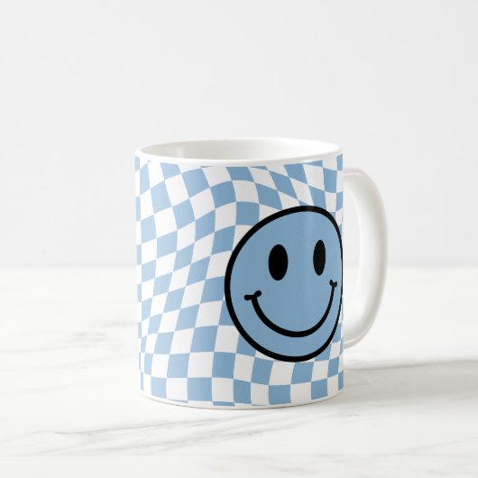 Checked Wavy Blue Preppy Smile Kaffeetasse (VorderseiteRechts)