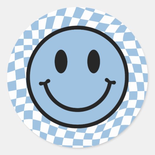 Checked Wavy Blue Preppy Smile Runder Aufkleber (Vorderseite)
