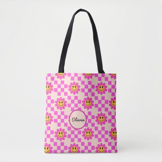 Checker Hot Pink Lächelnde Blume Mädchenname Tasche (Vorderseite)