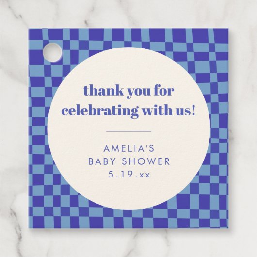 Checkerboard Blue Custom Baby Shower Thank You Geschenkanhänger (Vorderseite)