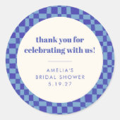 Checkerboard Blue Custom Bridal Shower Thank You Runder Aufkleber (Vorderseite)