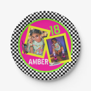 Checkerboard Neon 80's 90s Hip Hop Geburtstags-Fot Pappteller