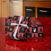 Checkerboard Santa Snowman Wreath Black Red Geschenkpapier