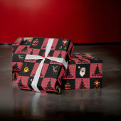 Checkerboard Santa Snowman Wreath Black Red Geschenkpapier