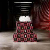 Checkerboard Santa Snowman Wreath Black Red Geschenkpapier