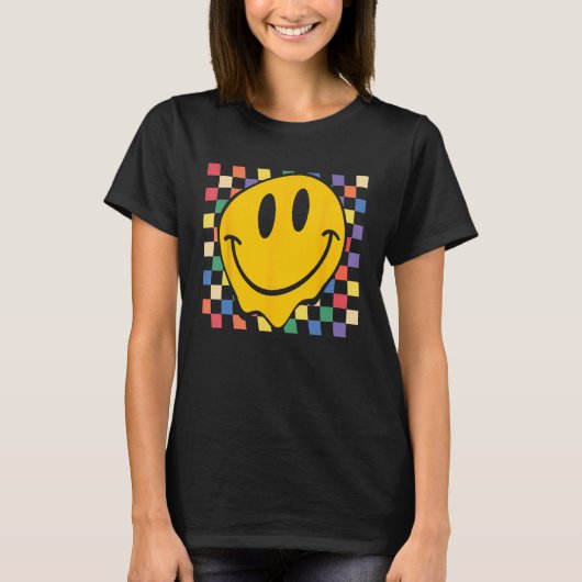Checkerboard Smiling Face Groovy LGBT Rainbow Prid T-Shirt (Vorderseite)