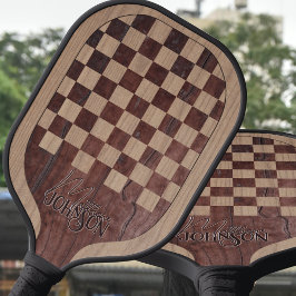 Checkerboard Wood Marquetry Imitation with Name Pickleball Schläger