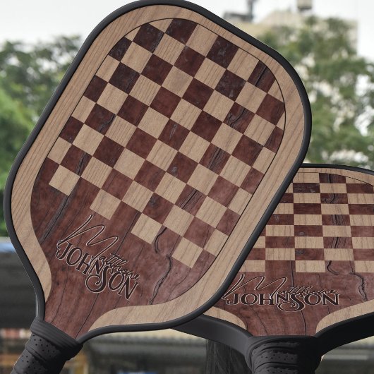 Checkerboard Wood Marquetry Imitation with Name Pickleball Schläger