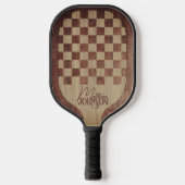 Checkerboard Wood Marquetry Imitation with Name Pickleball Schläger (Vorderseite)