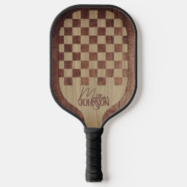 Checkerboard Wood Marquetry Imitation with Name Pickleball Schläger