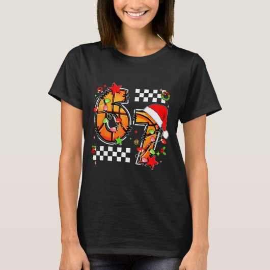 Checkered 67 Basketball Santa Hat Christmas Six Se T-Shirt (Vorderseite)