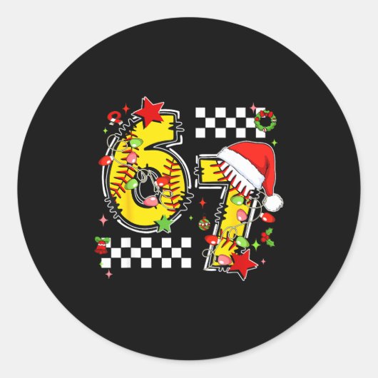 Checkered 67 Softball Santa Hat Christmas Six Seve Runder Aufkleber (Vorderseite)