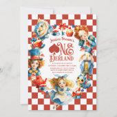 Checkered Alice in ONEDERLAND 1st Birthday Party Einladung (Vorderseite)