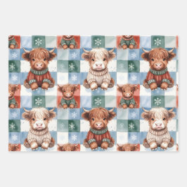 Checkered Christmas Highland Cow Red Green Blue  Geschenkpapier Set
