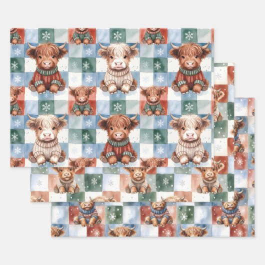 Checkered Christmas Highland Cow Red Green Blue  Geschenkpapier Set (Set)