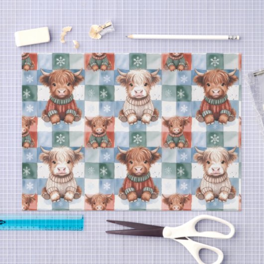 Checkered Christmas Highland Cow Red Green Blue  Seidenpapier (Handwerk)
