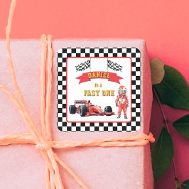Checkered Flag Race Car Fast One Birthday  Quadratischer Aufkleber