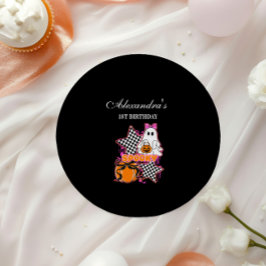 Checkered Ghost Halloween 1st Birthday Pappteller