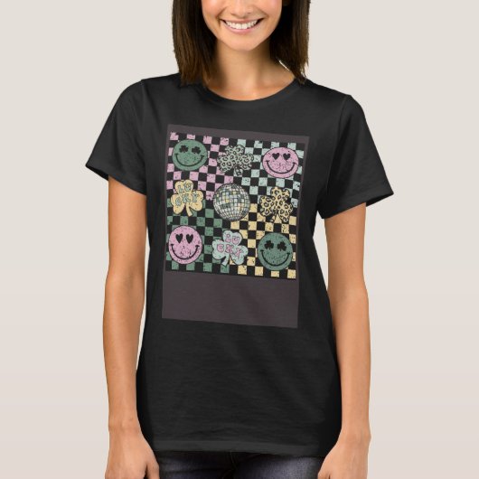 Checkered Happily Face Shamrock Disco Ball St Patr T-Shirt (Vorderseite)