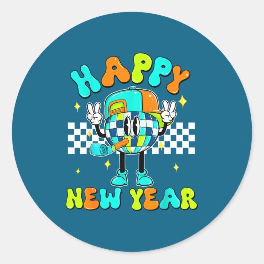 Checkered Happy New Year 2026 Disco Ball New Year Runder Aufkleber (Vorderseite)