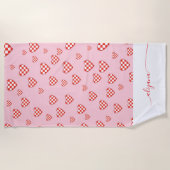 Checkered Heart Valentine Conquette Script Name Strandtuch (Vorderseite)