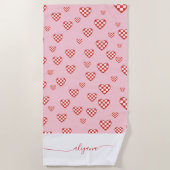 Checkered Heart Valentine Conquette Script Name Strandtuch (Vorderseite)