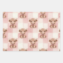 Checkered Highland Cow pink green blue Gift Wrap Geschenkpapier Set