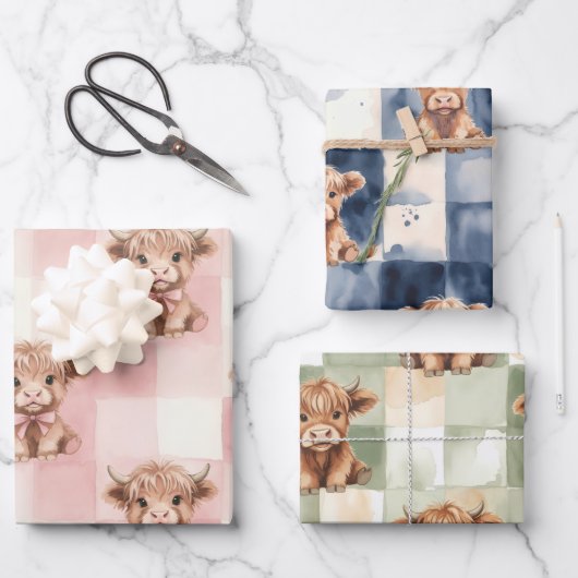 Checkered Highland Cow pink green blue Gift Wrap Geschenkpapier Set (Vorderseite)
