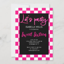 Checkered hot pink black retro Lets party Sweet 16