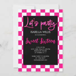 Checkered hot pink black retro Lets party Sweet 16 Einladung