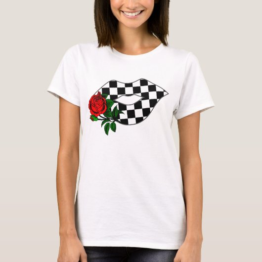 Checkered Lippenkuss-Rote Rose T-Shirt (Vorderseite)