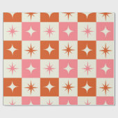 Checkered Mid Century Atomic Stars Pink Orange Geschenkpapier (Flach)
